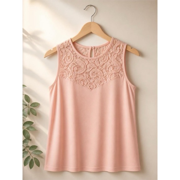 Anne Klein Tops - Anne Klein Women's Pink Sleeveless Top Size L Floral Lace Yoke Neckline
